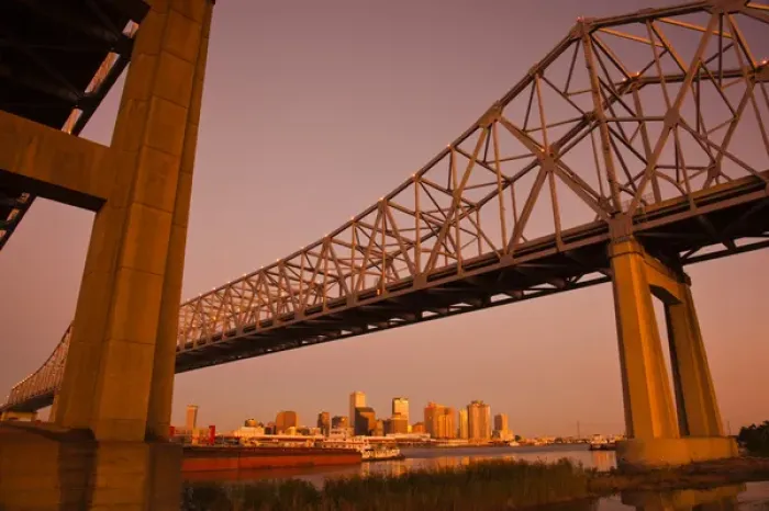 Framed Print : USA, Louisiana, New Orleans. Skyline from the Greater New Orleans Bridge and Mississippi River