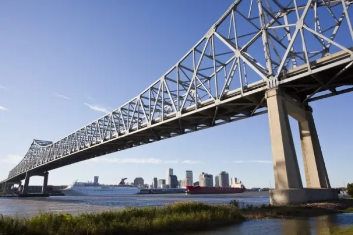 Framed Print : USA, Louisiana, New Orleans. Skyline from the Greater New Orleans Bridge and Mississippi River Framed Print : USA, Louisiana, New Orleans. Skyline from the Greater New Orleans Bridge and Mississippi River