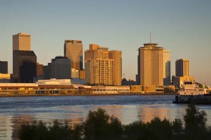 Framed Print : USA, Louisiana, New Orleans. Skyline and Mississippi River, dawn