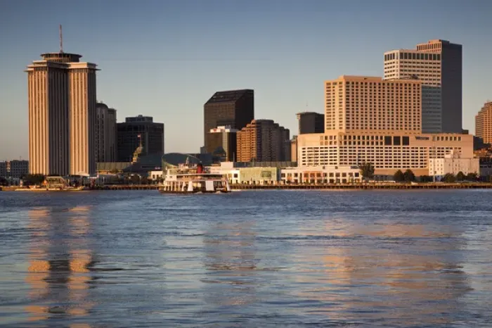 Framed Print : USA, Louisiana, New Orleans. Skyline and the Mississippi River from Algiers, morning
