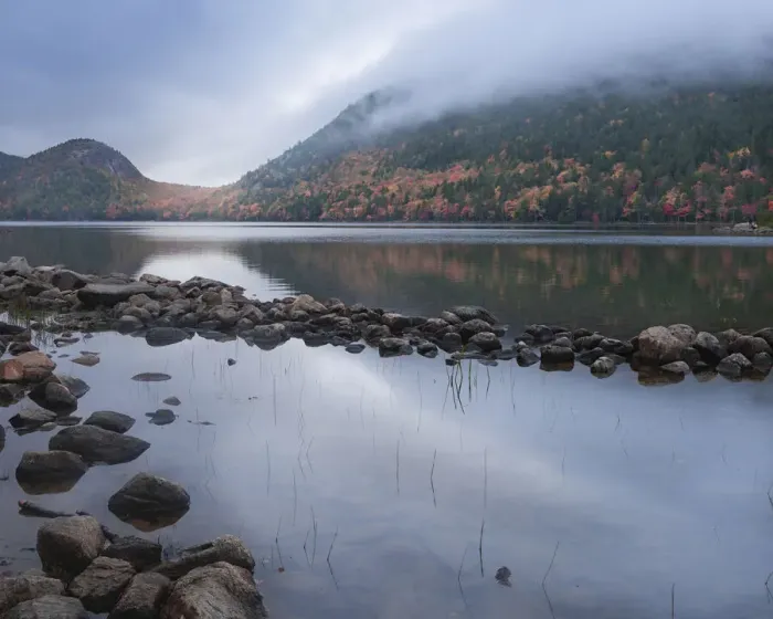 Framed Print : USA, Maine, Acadia National Park. Mountain and forest reflections in lake