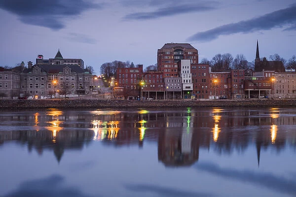 USA, Maine, Augusta, town view along Kennebec River, dawn