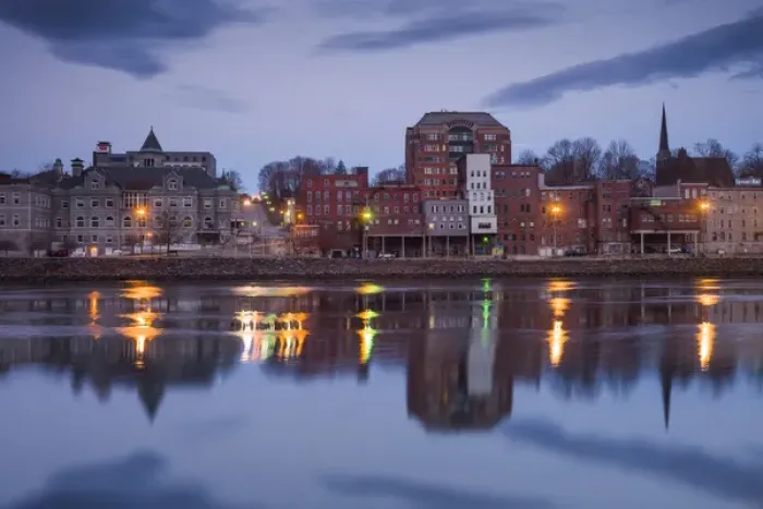 Framed Print : USA, Maine, Augusta, town view along Kennebec River, dawn Framed Print : USA, Maine, Augusta, town view along Kennebec River, dawn