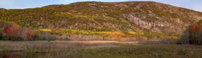 Framed Print : USA, Maine. Autumn foliage near The Beehive, Panoramic, Acadia National Park