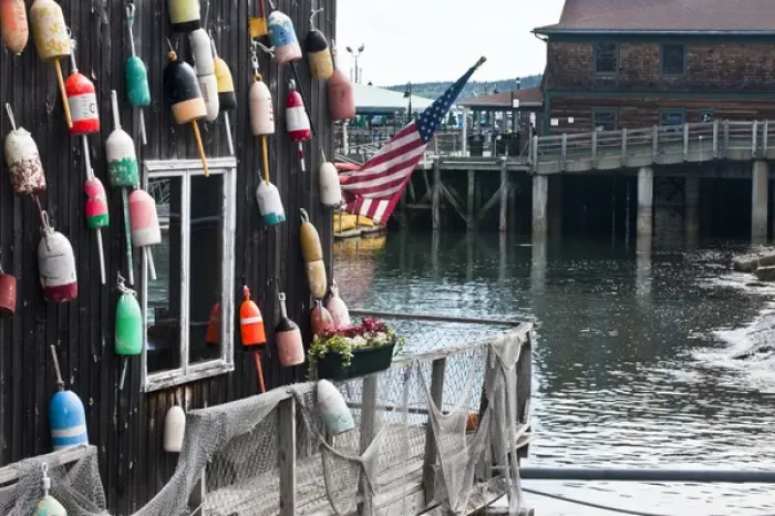 Framed Print : USA, Maine, Bar Harbor. Waterfront shop on pier. Credit as: Nancy Rotenberg  /  Jaynes