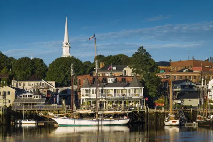 Framed Print : USA, Maine, Camden, Camden Harbor, dawn