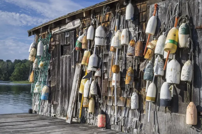 Framed Print : USA, Maine, Cape Neddick. Lobster shack with buoys