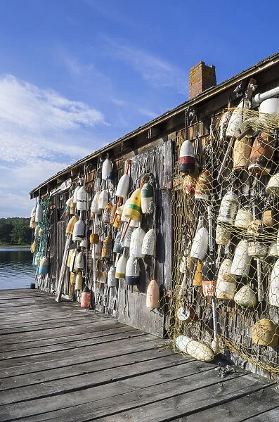USA, Maine, Cape Neddick. Lobster shack with buoys