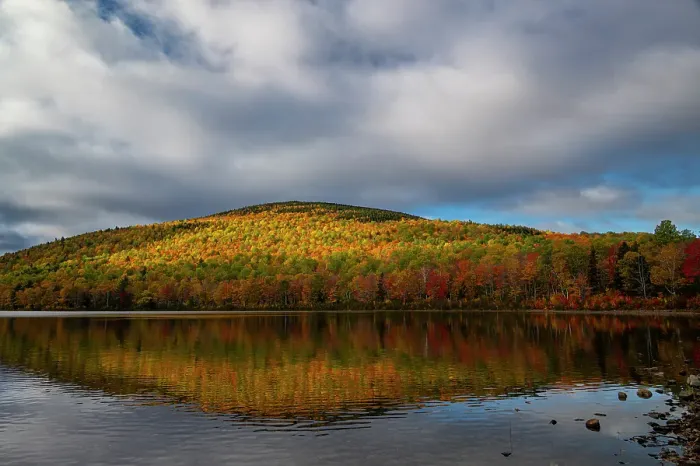 Framed Print : USA, Maine. Fall foliage and mountain reflection on pond, Baxter State Park