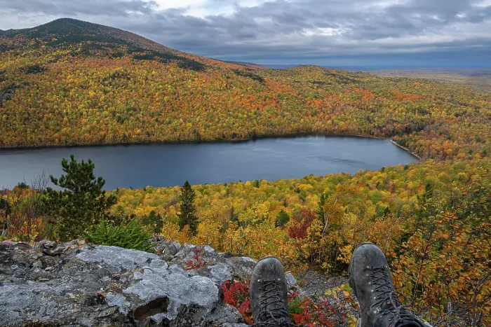 Framed Print : USA, Maine. Fall foliage and view of South Branch Pond from Traveler Mountain, Baxter State Park