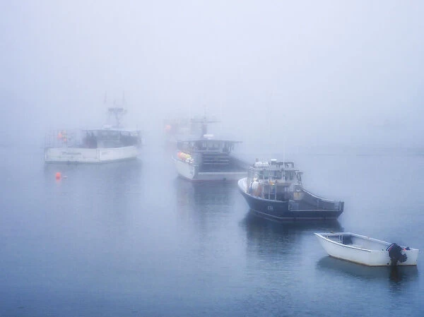 USA, Maine. Fishing boats in the harbor with fog