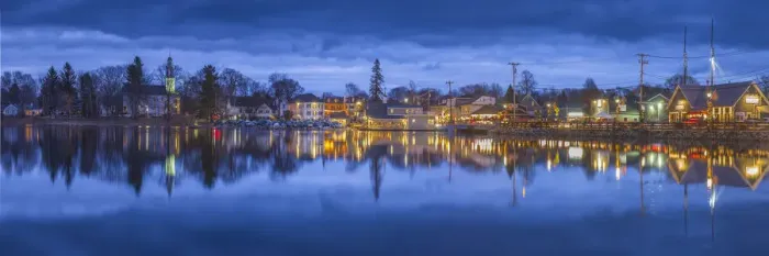 Framed Print : USA, Maine, Kennebunkport, village reflection, winter, dusk Framed Print : USA, Maine, Kennebunkport, village reflection, winter, dusk