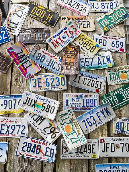 USA, Maine. License plates on Old Wall in Bar Harbor