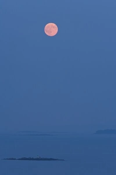 USA, Maine. Full moon rises over the ocean at Marshall Point