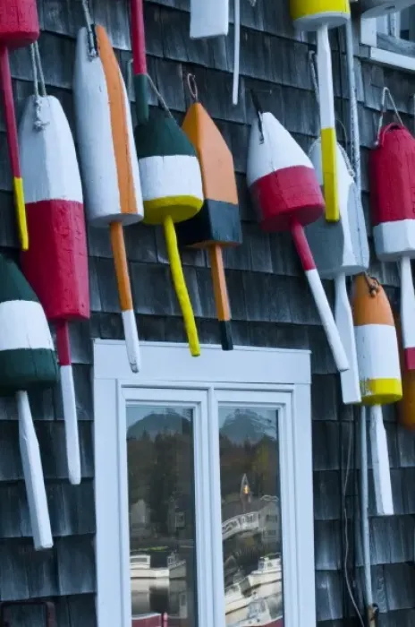 Framed Print : USA, Maine, Mount Desert. Hanging buoys with window reflection of Bernard Harbor