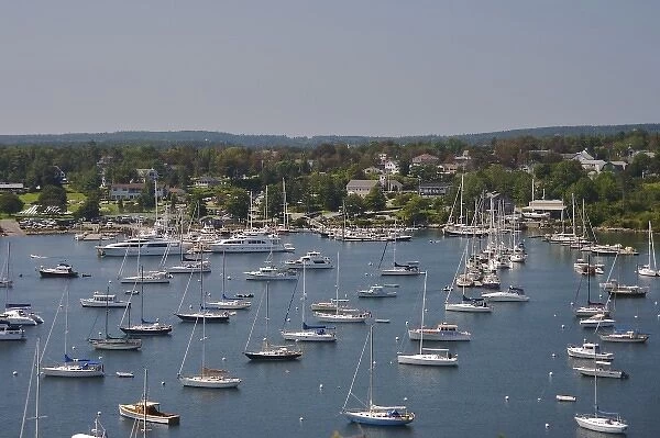 USA, Maine, Mount Desert, Northeast Harbor. Boats in the harbor and the town of Northeast