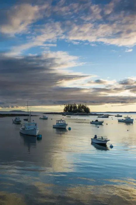 Framed Print : USA, Maine, Newagen, sunset harbor view by The Cuckolds islands