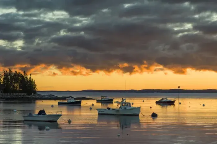 Framed Print : USA, Maine, Newagen, sunset harbor view by The Cuckolds islands Framed Print : USA, Maine, Newagen, sunset harbor view by The Cuckolds islands