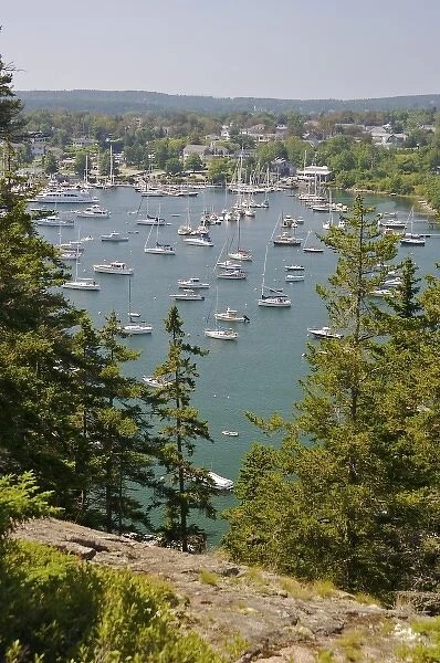 USA, Maine, Northeast Harbor. Boats in the harbor and the town of Northeast Harbor beyond