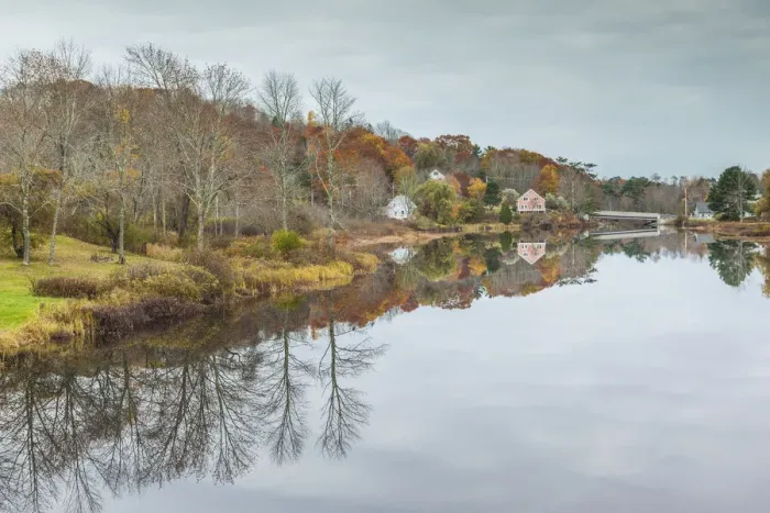 Framed Print : USA, Maine Orland, village reflection during autumn