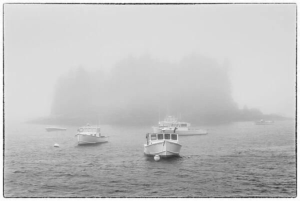 USA, Maine, Port Clyde. Port Clyde Harbor, boats in the fog