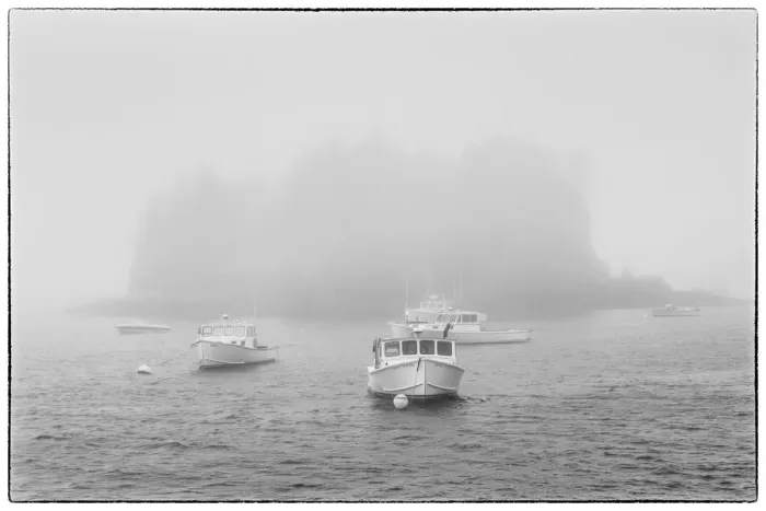 Framed Print : USA, Maine, Port Clyde. Port Clyde Harbor, boats in the fog