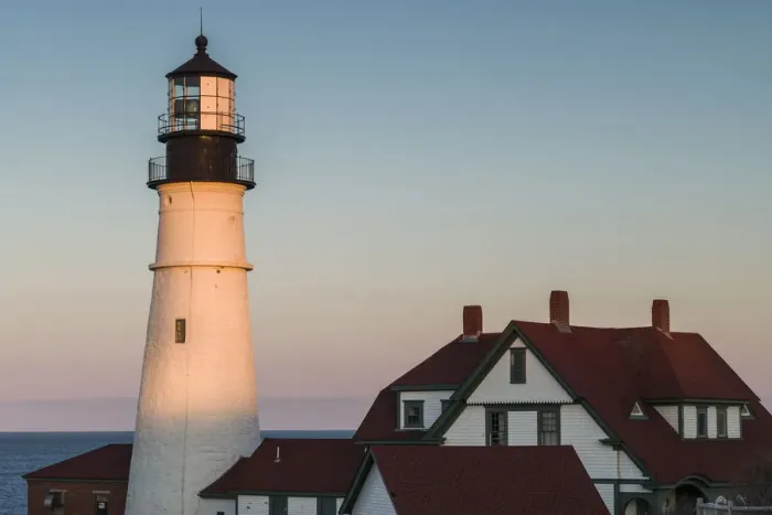 Framed Print : USA, Maine, Portland, Cape Elizabeth, Portland Head Light, lighthouse at dusk Framed Print : USA, Maine, Portland, Cape Elizabeth, Portland Head Light, lighthouse at dusk