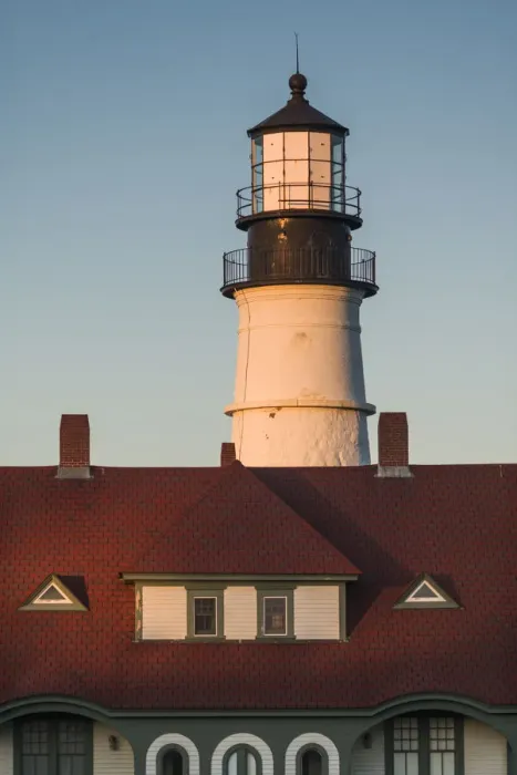 Framed Print : USA, Maine, Portland, Cape Elizabeth, Portland Head Light, lighthouse at dusk Framed Print : USA, Maine, Portland, Cape Elizabeth, Portland Head Light, lighthouse at dusk