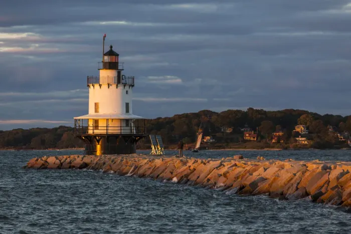 Framed Print : USA, Maine, Portland, Spring Point Ledge Lighthouse, sunset