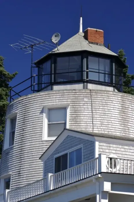 Framed Print : USA, Maine, Schoodic Peninsula. A lighthouse-like roof on a shingled house overlooking Framed Print : USA, Maine, Schoodic Peninsula. A lighthouse-like roof on a shingled house overlooking