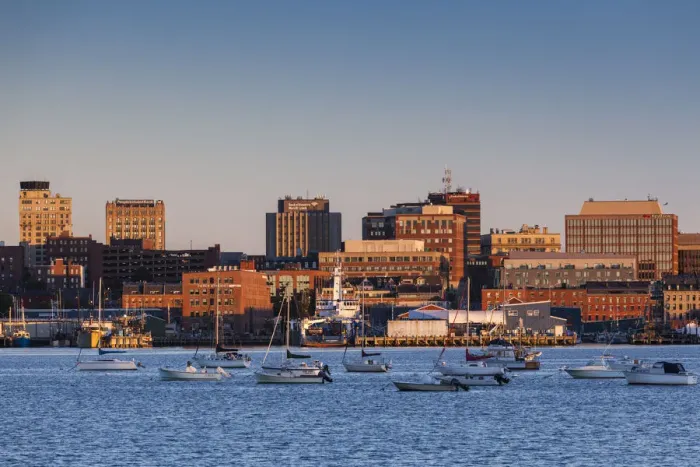 Framed Print : USA, Maine, skyline from South Portland at dawn Framed Print : USA, Maine, skyline from South Portland at dawn