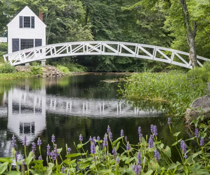Framed Print : USA, Maine. Somesville bridge with reflection in Acadia National Park