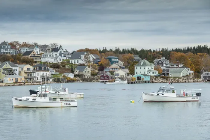 Framed Print : USA, Maine, Stonington, Stonington Harbor, autumn