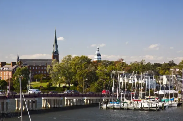 Framed Print : USA, Maryland, Annapolis. Yacht marina St. Marys Church from Eastport