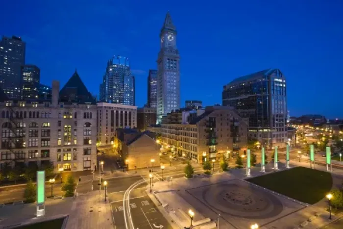Framed Print : USA, Massachusetts, Boston. Atlantic Avenue Greenway and Customs House, elevated view, dawn Framed Print : USA, Massachusetts, Boston. Atlantic Avenue Greenway and Customs House, elevated view, dawn