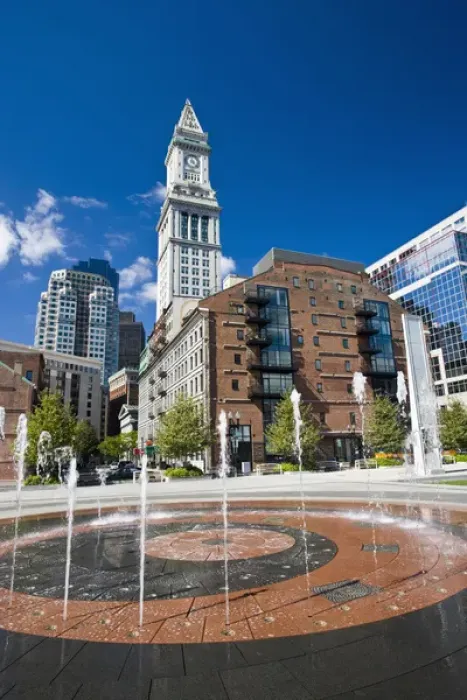 Framed Print : USA, Massachusetts, Boston. Atlantic Avenue Greenway and Customs House with fountain Framed Print : USA, Massachusetts, Boston. Atlantic Avenue Greenway and Customs House with fountain