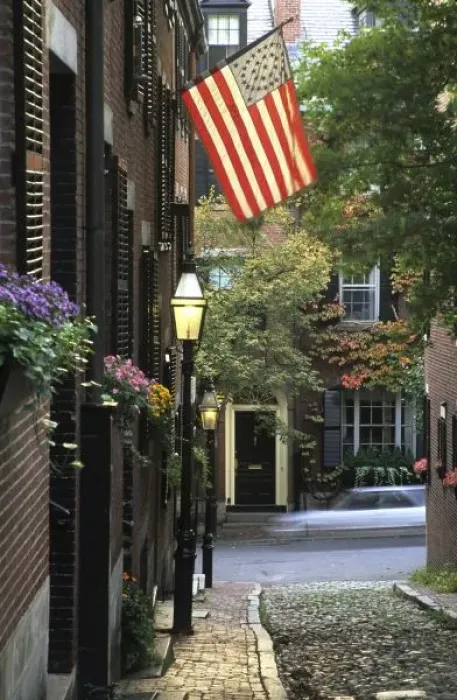 Framed Print : USA, Massachusetts, Boston, Beacon Hill. Cobblestone street and historic homes