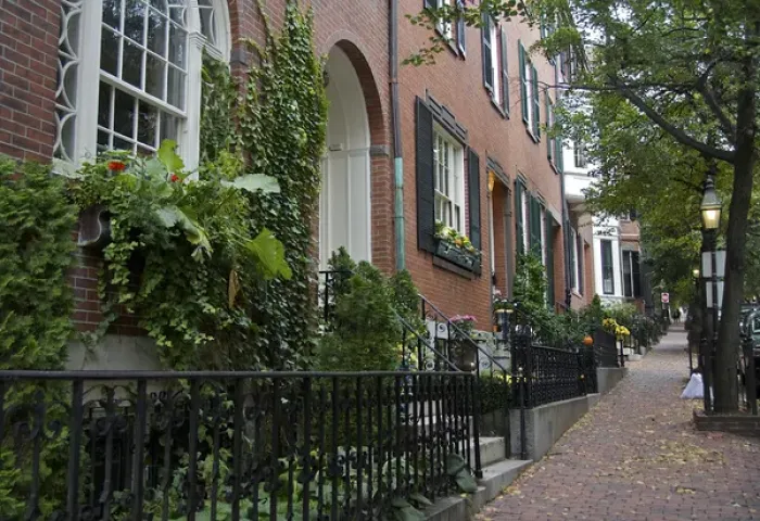 Framed Print : USA, Massachusetts, Boston. Brick sidewalk and homes on a steep street in Boston s