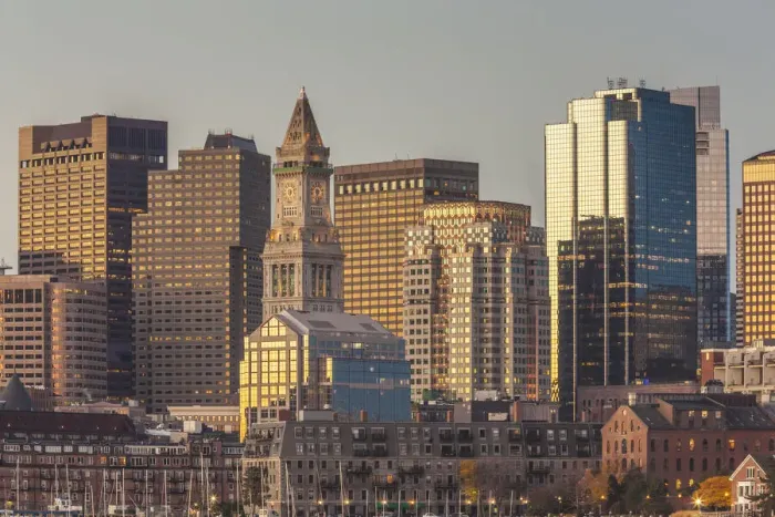 Framed Print : USA, Massachusetts, Boston. City skyline from Boston Harbor at dawn