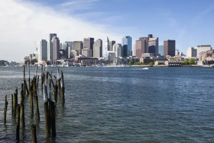 Framed Print : USA, Massachusetts, Boston, City skyline and Boston Harbor on spring morning