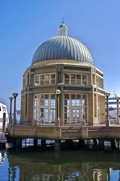 USA, Massachusetts, Boston. A domed glass building at Rowes Wharf on Boston Harbor
