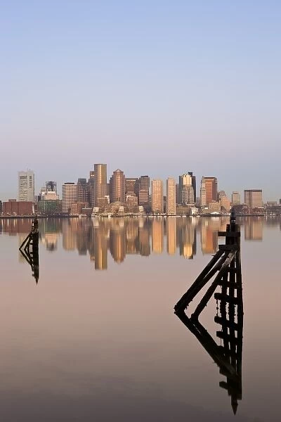 USA, Massachusetts, Boston. Financial District from Logan Airport, East Boston, dawn