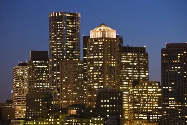 USA, Massachusetts, Boston. Financial District from East Boston, dusk
