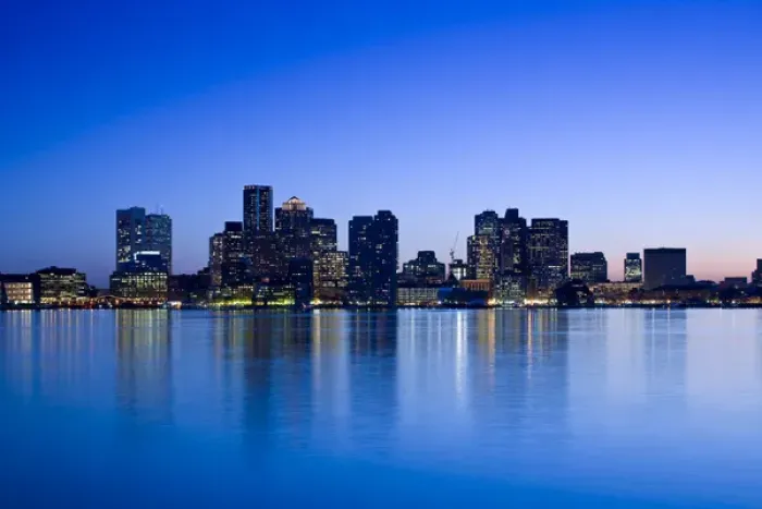 Framed Print : USA, Massachusetts, Boston. Financial District from East Boston, dusk Framed Print : USA, Massachusetts, Boston. Financial District from East Boston, dusk