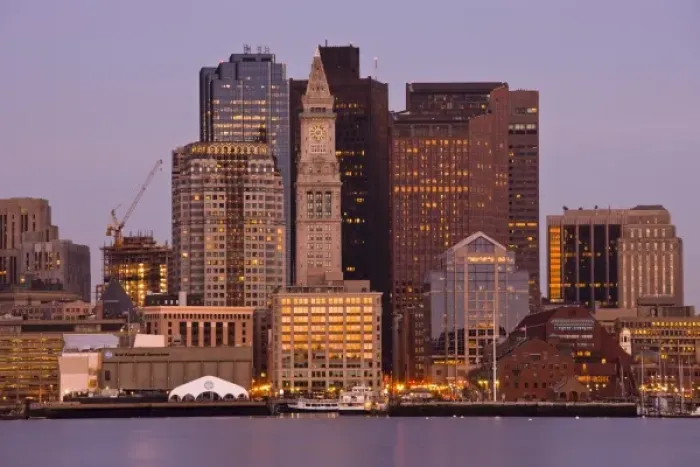 Framed Print : USA, Massachusetts, Boston. Financial District from East Boston, dawn Framed Print : USA, Massachusetts, Boston. Financial District from East Boston, dawn