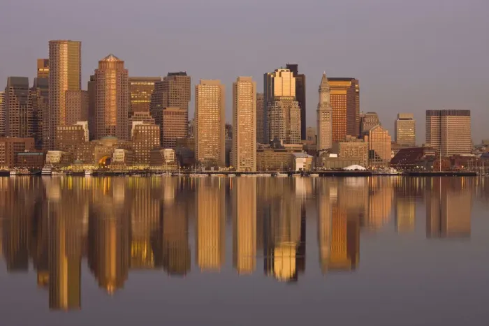 Framed Print : USA, Massachusetts, Boston. Financial District from Logan Airport, East Boston, dawn Framed Print : USA, Massachusetts, Boston. Financial District from Logan Airport, East Boston, dawn