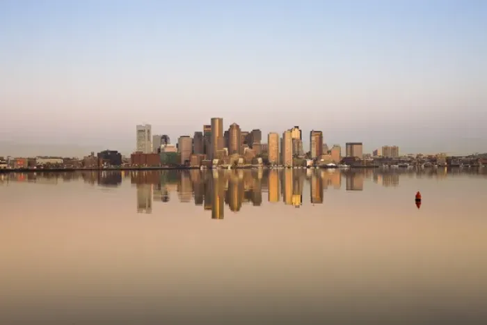 Framed Print : USA, Massachusetts, Boston. Financial District from Logan Airport, East Boston, dawn Framed Print : USA, Massachusetts, Boston. Financial District from Logan Airport, East Boston, dawn