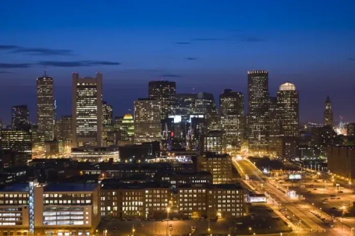 Framed Print : USA, Massachusetts, Boston. Financial District from South Boston, elevated view, dusk Framed Print : USA, Massachusetts, Boston. Financial District from South Boston, elevated view, dusk
