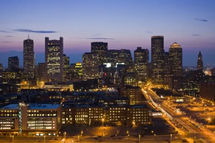 Framed Print : USA, Massachusetts, Boston. Financial District from South Boston, elevated view, dusk