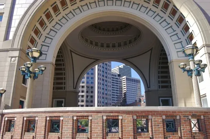 Framed Print : USA, Massachusetts, Boston. Looking through the domed arches of the Rowes Wharf Building Framed Print : USA, Massachusetts, Boston. Looking through the domed arches of the Rowes Wharf Building